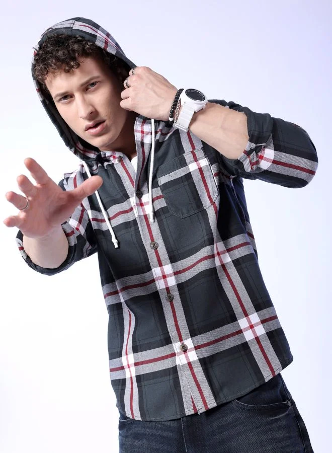 The Indian Garage Co Men Regular Fit Checkered Full Sleeves Hooded Street Wear Over Shirt