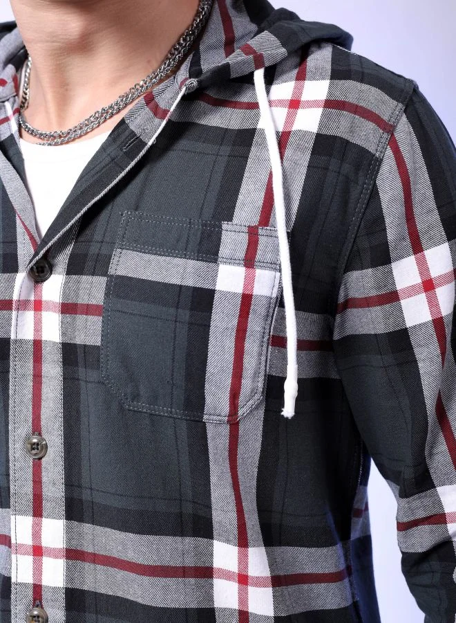 The Indian Garage Co Men Regular Fit Checkered Full Sleeves Hooded Street Wear Over Shirt