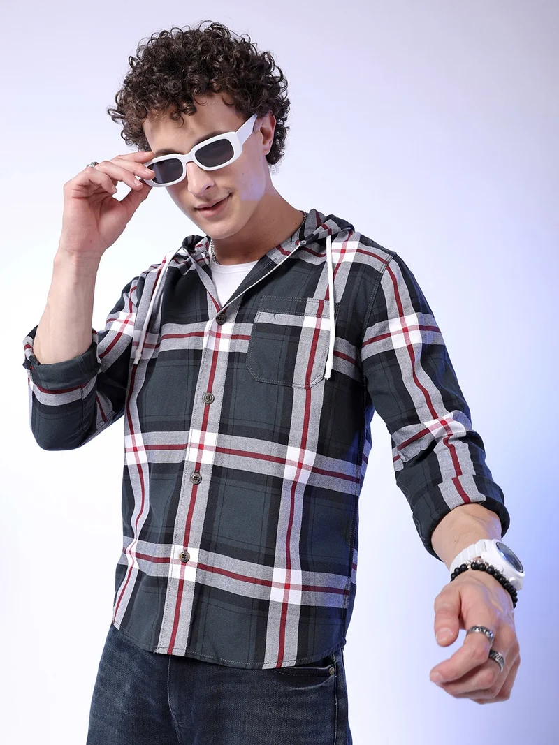 The Indian Garage Co Men Regular Fit Checkered Full Sleeves Hooded Street Wear Over Shirt