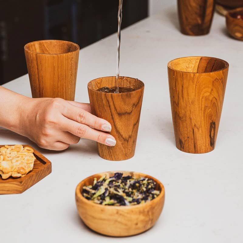 Rainforest Bowls Set of 2 Tall Straight Sided Javanese Teak Wood Cup 350ml 12 oz Great for TeaCoffeeMilk Hot  Cold Drinks UltraDurable Premium Wooden Cup Handcrafted by Indonesian Artisans  - Image 3