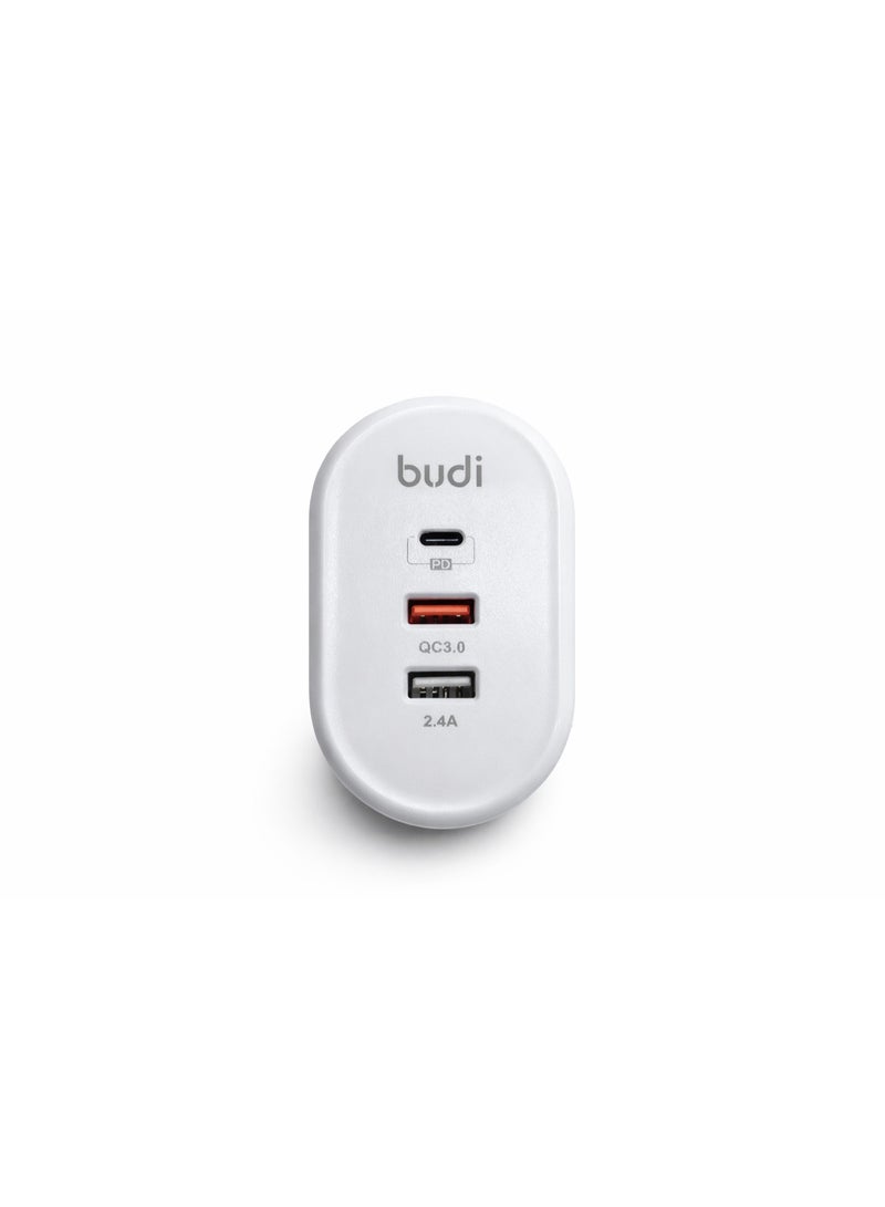 بودي شاحن حائط منزلي Budi بقوة 32 واط مع كابل USB-C مدمج – شحن سريع PD و QC 3.0 مع محولي Micro USB و Lightning - Image 3