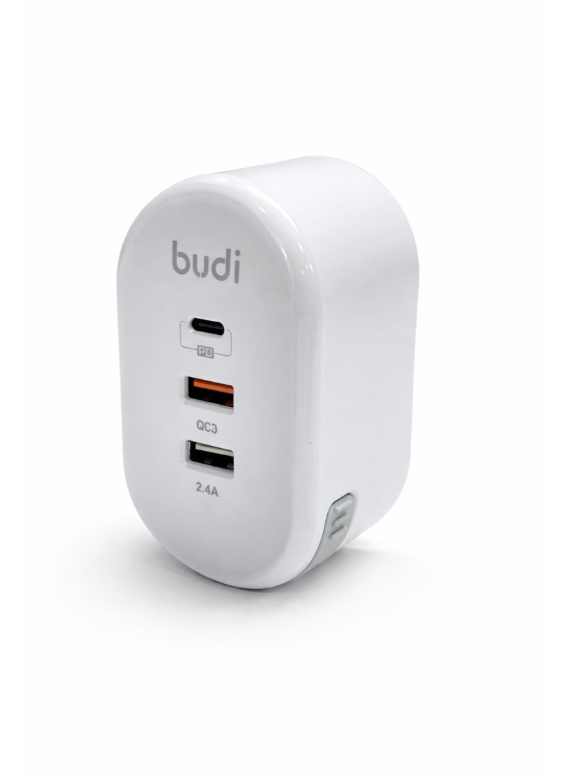 بودي شاحن حائط منزلي Budi بقوة 32 واط مع كابل USB-C مدمج – شحن سريع PD و QC 3.0 مع محولي Micro USB و Lightning - Image 4