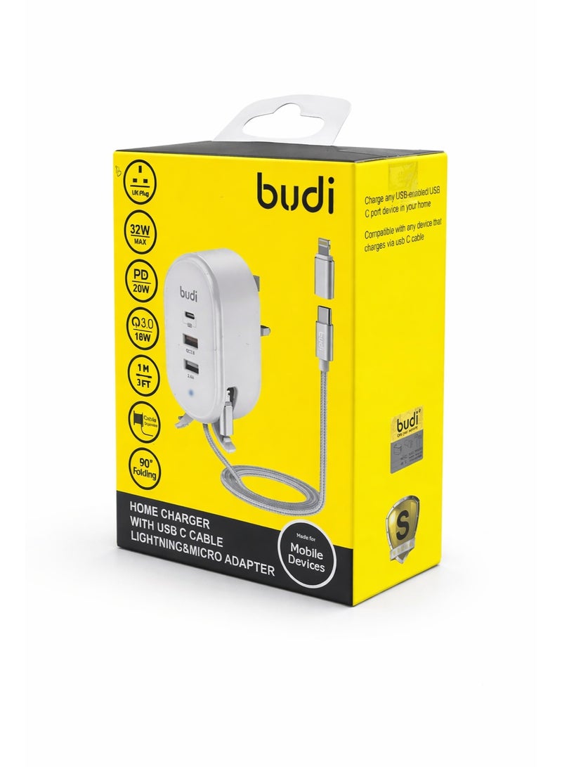 بودي شاحن حائط منزلي Budi بقوة 32 واط مع كابل USB-C مدمج – شحن سريع PD و QC 3.0 مع محولي Micro USB و Lightning - Image 5