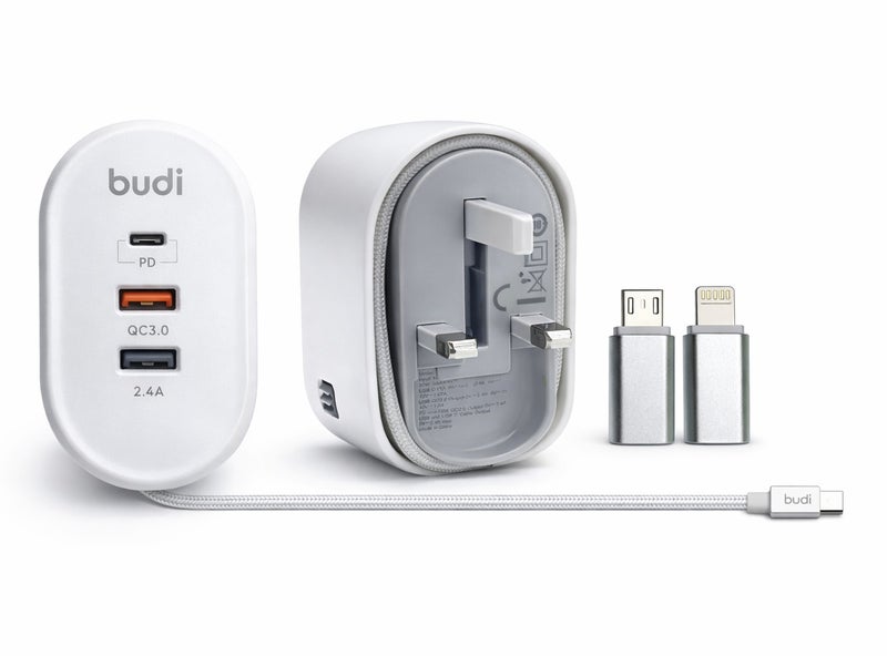 بودي شاحن حائط منزلي Budi بقوة 32 واط مع كابل USB-C مدمج – شحن سريع PD و QC 3.0 مع محولي Micro USB و Lightning - Image 1