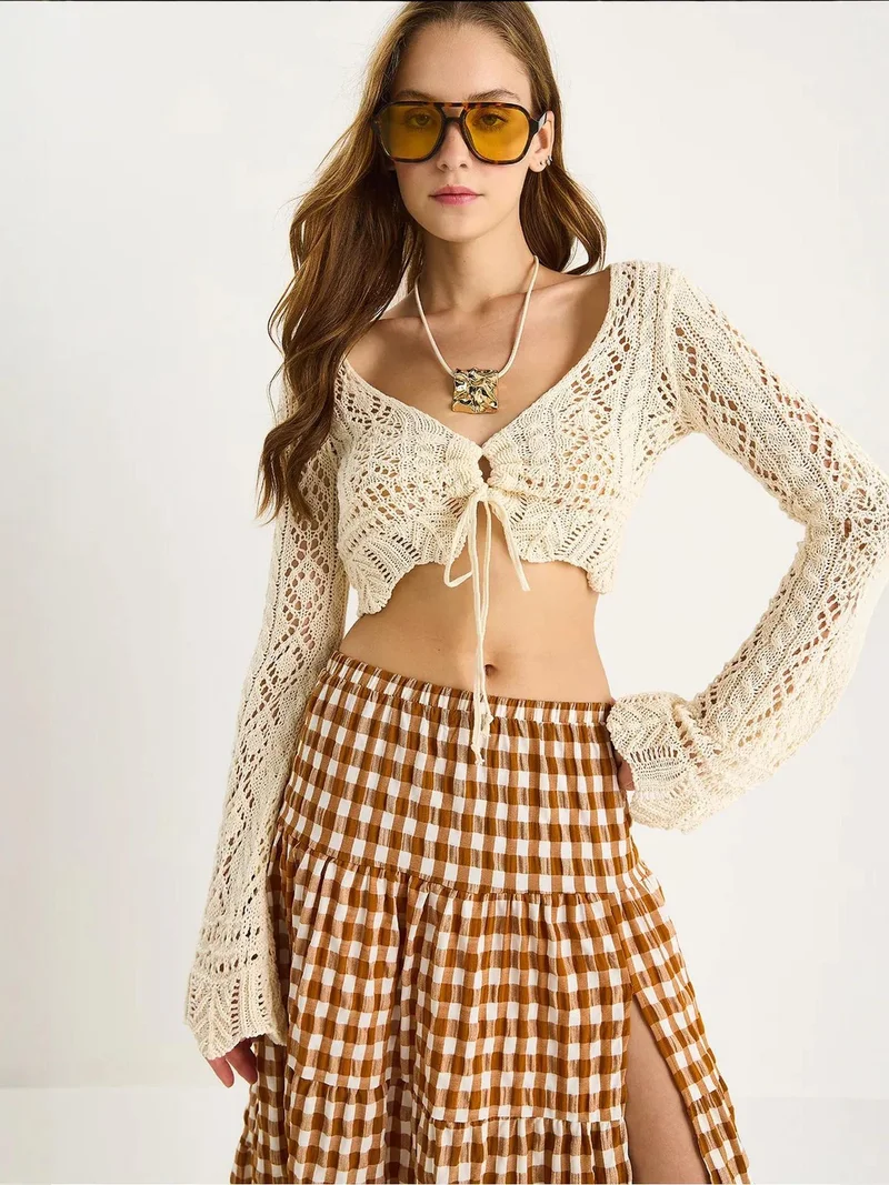 Bianco Lucci LUCCI Knitwear V-Neck Long Sleeve Crop Bolero