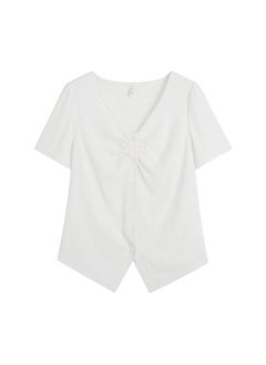 Large Size Women's Clothing Chubby Sweet And Spicy Style Slim Shoulder Short-sleeved T-shirt V-neck Irregular Design Slim-fit Top 62402