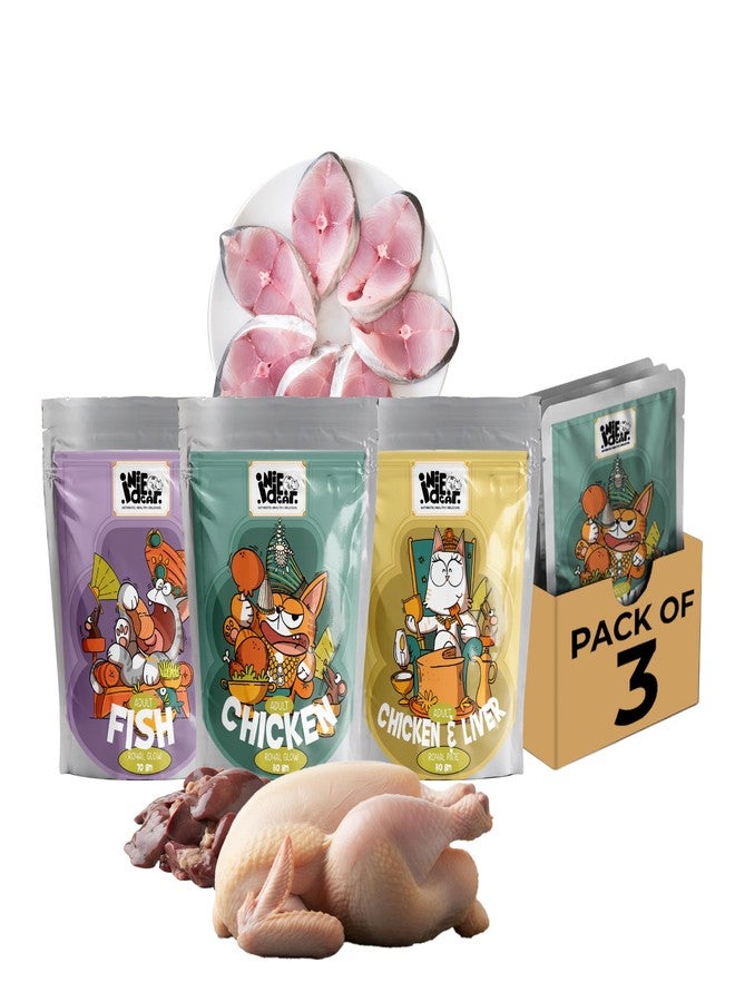 Indie Cat Adult Cat Wet Food (1+ Years) Trial Pack of 3 - Chicken & Liver 80g, Chicken 80g & Fish 70g | Preservative Free, Gluten & Grain Free, Human Grade Natural Healthy Cat Wet Food Pouch
