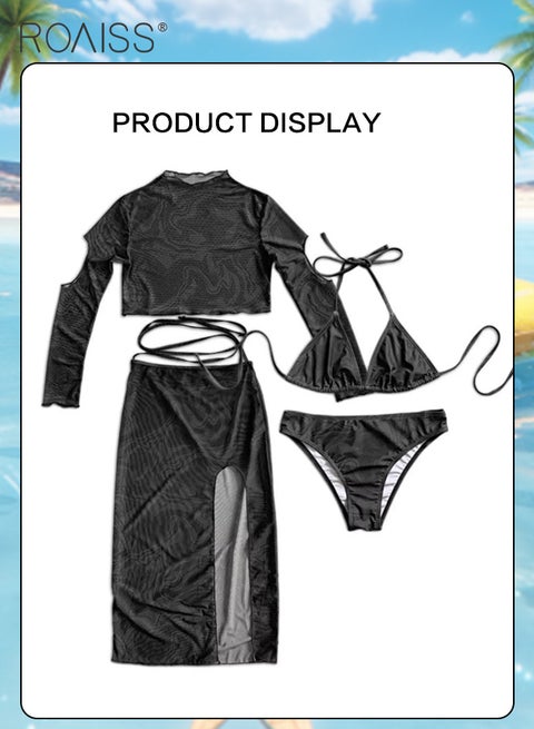 4 Piece Tankini Swimsuit Women'S Beach Vacation Adjustable Bikini Set And Patterned Pullover Side Slit Skirt Sun Protective Cover Up