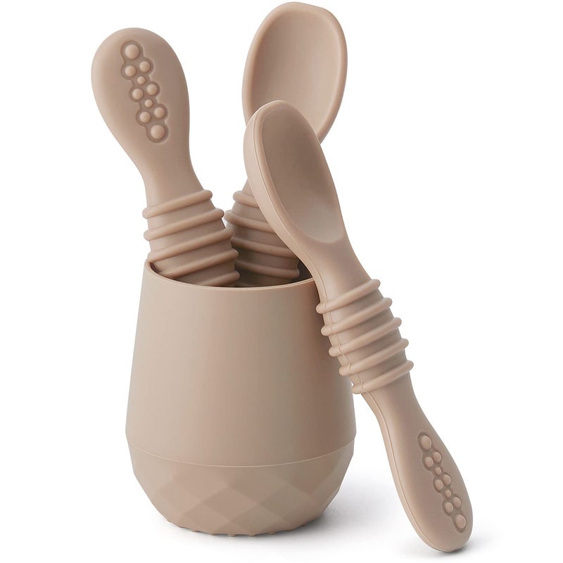 SAMiGO Silicone Baby Utensils - Self Feeding Spoons and Tiny Training Cup - First Stage Baby Led Weaning Supplies for 6 Months+ Infants - Set of 4 - Image 1
