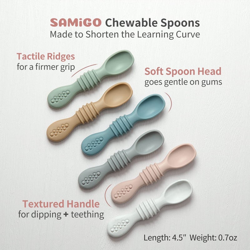 SAMiGO Silicone Baby Utensils - Self Feeding Spoons and Tiny Training Cup - First Stage Baby Led Weaning Supplies for 6 Months+ Infants - Set of 4 - Image 3