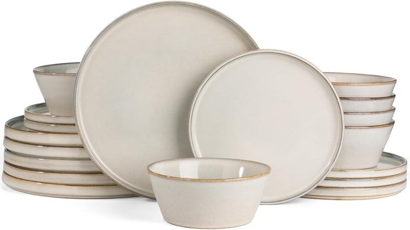 Famiware طقم أطباق وأوعية فامي وير آنسي من الخزف - طقم أدوات مائدة لـ 6 أشخاص - 18 قطعة - طقم أدوات مائدة يدوي الصنع - آمن للاستخدام في الميكروويف وغسالة الصحون - طقم أدوات مائدة بلون رمادي وأبيض - Image 1