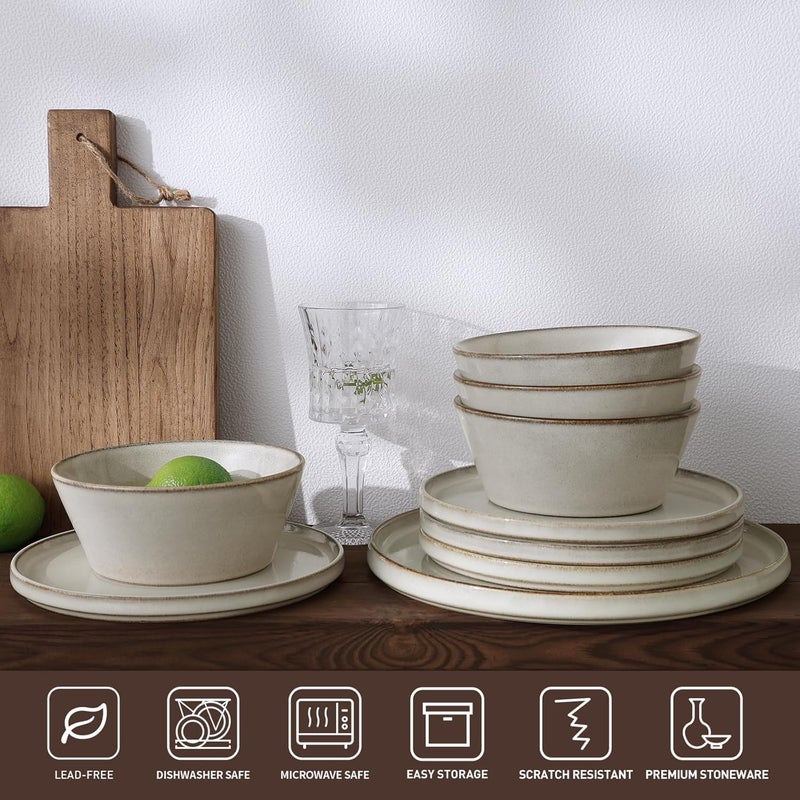 Famiware طقم أطباق وأوعية فامي وير آنسي من الخزف - طقم أدوات مائدة لـ 6 أشخاص - 18 قطعة - طقم أدوات مائدة يدوي الصنع - آمن للاستخدام في الميكروويف وغسالة الصحون - طقم أدوات مائدة بلون رمادي وأبيض - Image 3