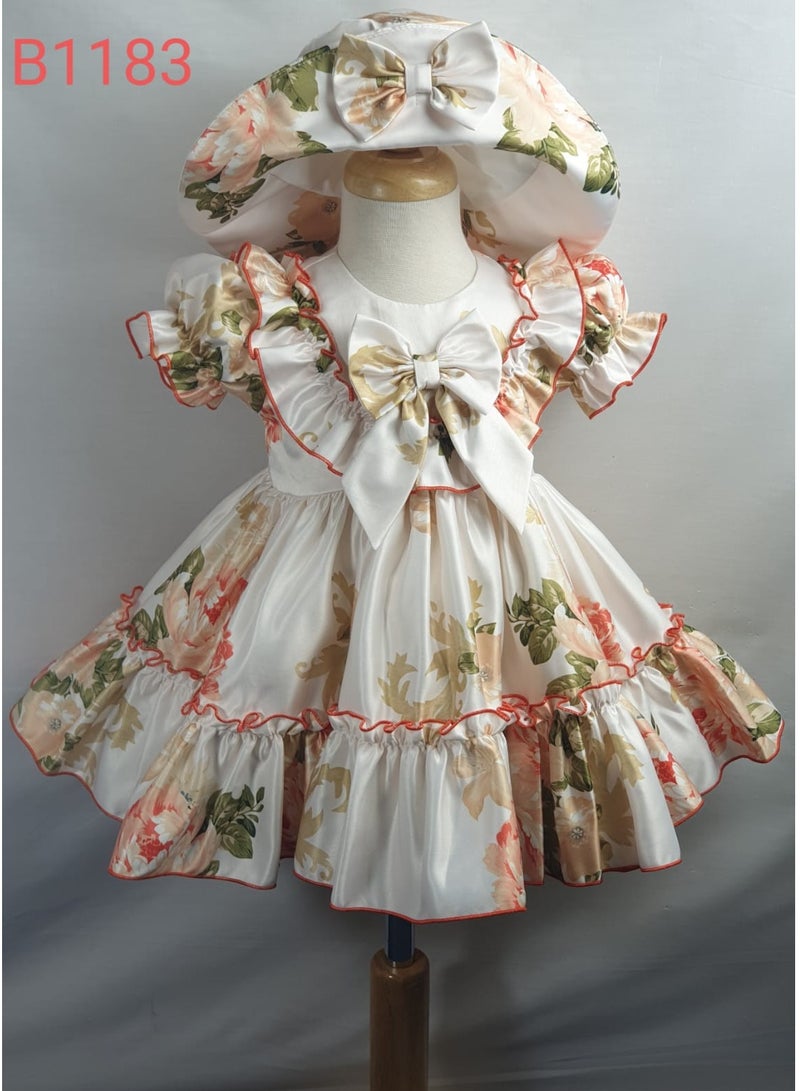 Little miss Bella Baby Girls Print Satin Dress Baby Girls Flower Dress Short Sleeve Party Wear Dresses Special Occasion Dress with A Matching Bow Hat. 