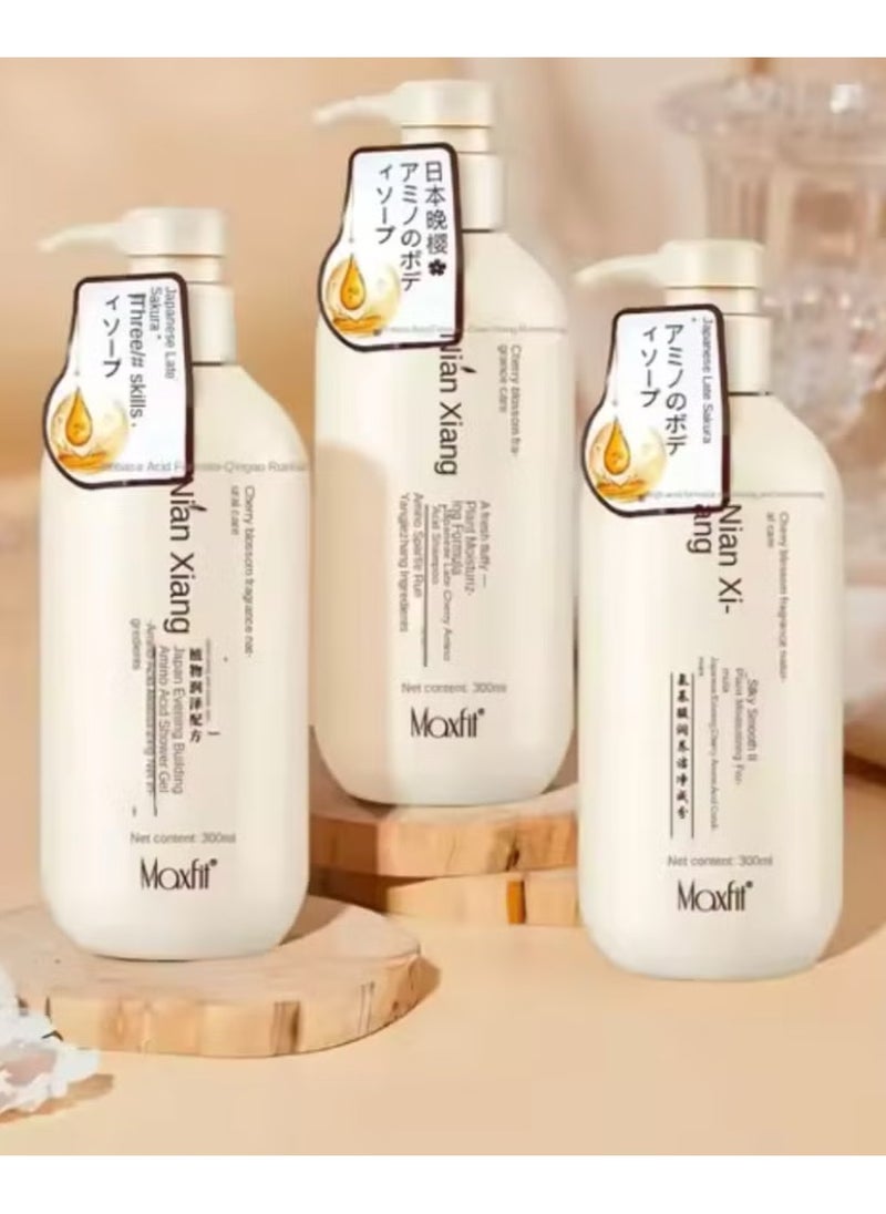 MAXFIT Japanese Sakura shampoo 3PES  (original) for hair growth, preventing hair loss and removing dandruff, lotion to moisturize and soften and skin glasses 300 ml  - Image 1