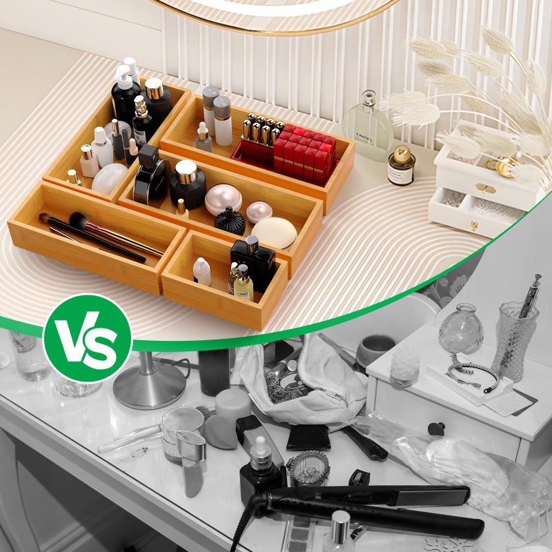 Bayting Bamboo Drawer Organizer Set, 5-Piece Storage Trays for Kitchen, Bathroom, Office Desk, Makeup & Junk Drawers,Utensils - Image 3