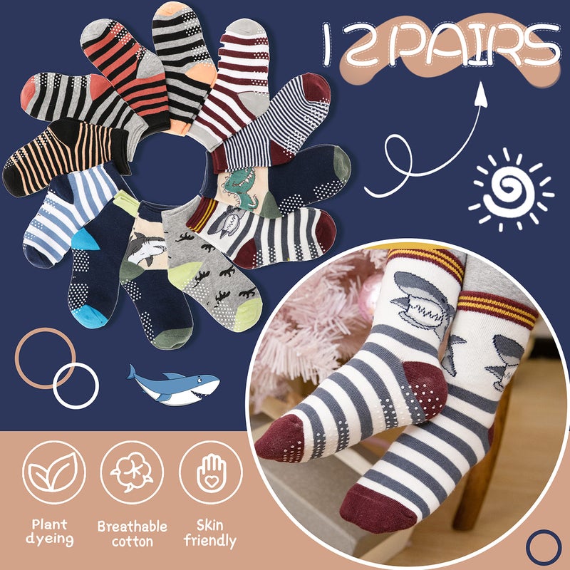 ANTSANG Baby Boys Grips Socks Kids Toddlers Infants Non Slip/Anti Skid Crew Cotton Socks 12 Pairs (Brown Striped(12 Pairs),5-8 Y) - Image 5