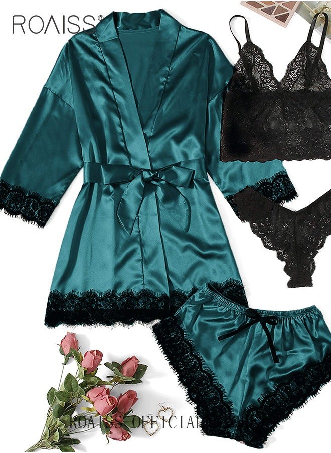roaiss - 4 Pack Women's Nightwear Set Silk Satin Sleepwear Pajama Summer Home Wearing Clothes Suits Embroidered Breathable Ladies Lingerie Robe Nightdress Underwear Panties - Image 1