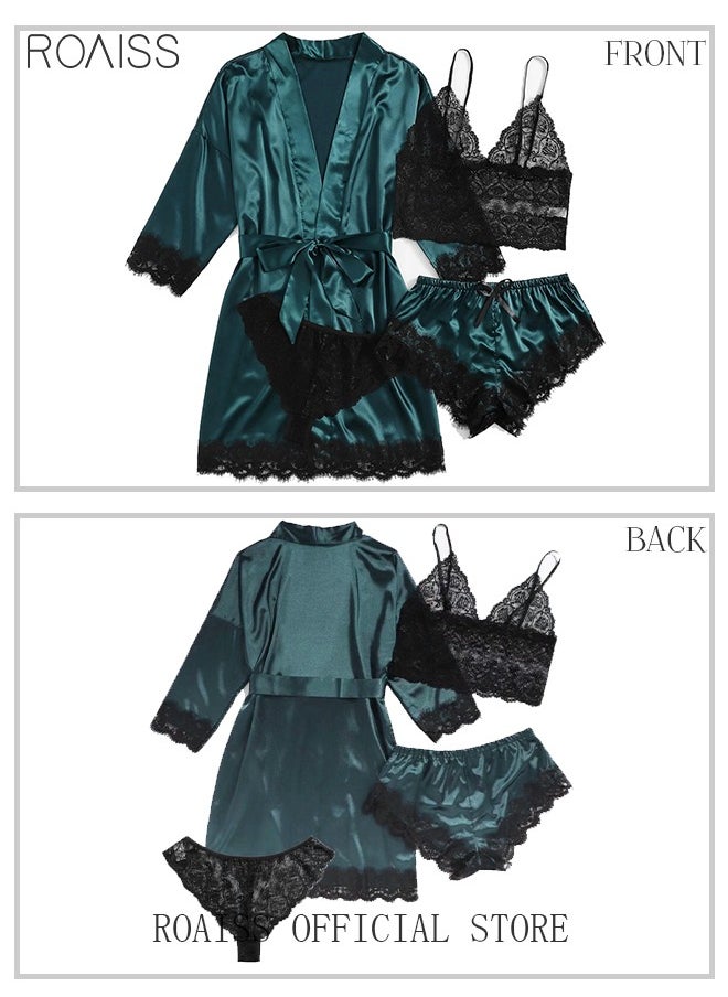 roaiss - 4 Pack Women's Nightwear Set Silk Satin Sleepwear Pajama Summer Home Wearing Clothes Suits Embroidered Breathable Ladies Lingerie Robe Nightdress Underwear Panties - Image 1