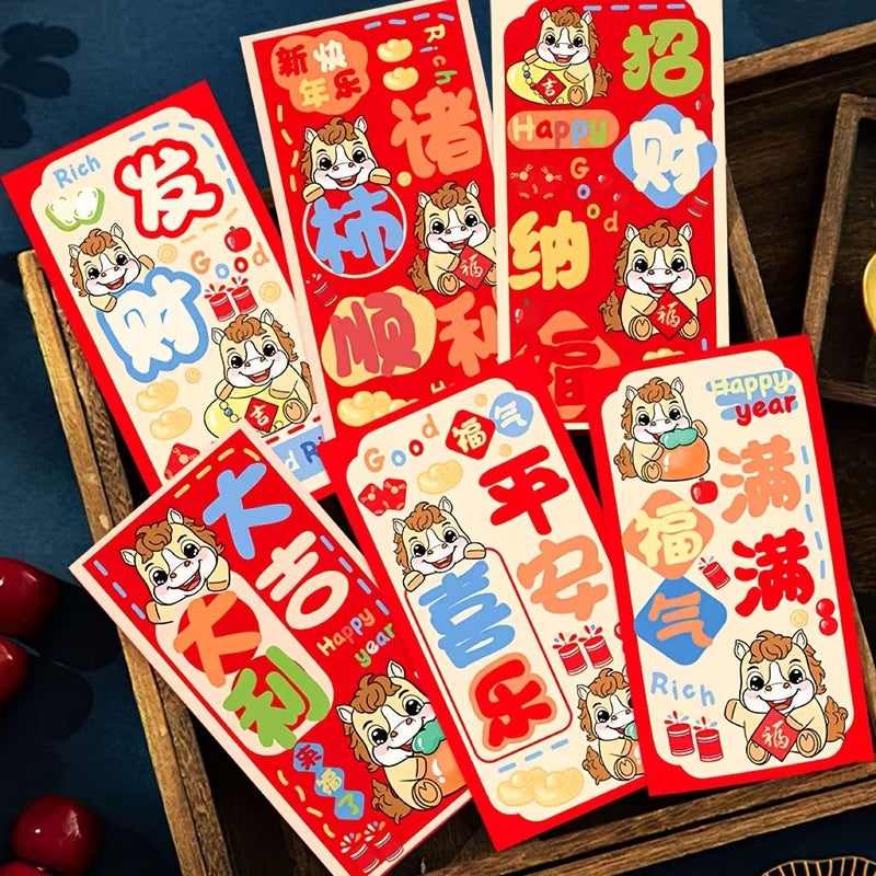 6 Pieces Lunar New Year Red Envelopes Year of the Horse 2026 Money Bags - Image 1