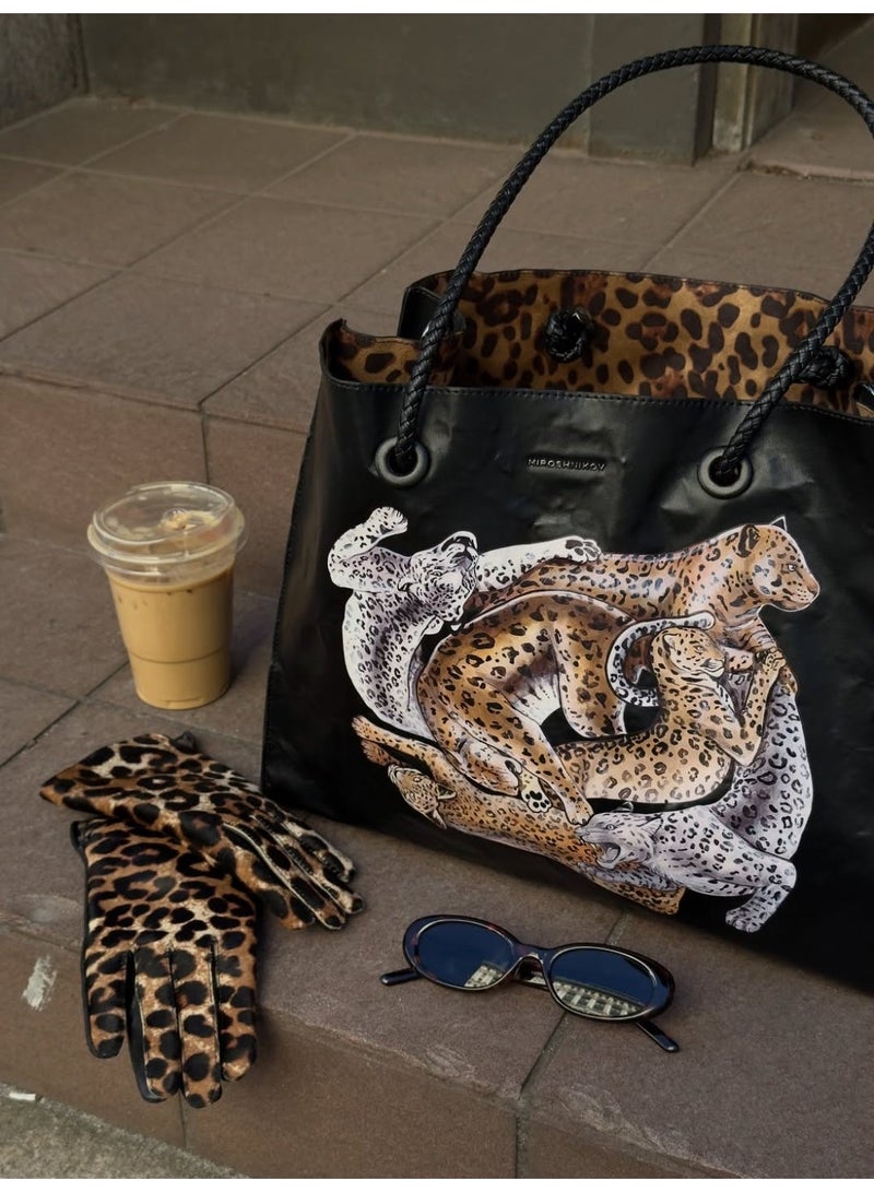 Miroshnikov Women’s Large Shopper Bag for Office & Work, Glossy PU Shoulder Tote, Memory Crinkle Effect, Spacious Lightweight Handbag, No Fastener, 40×31×12 cm - Leopard Print - Image 2