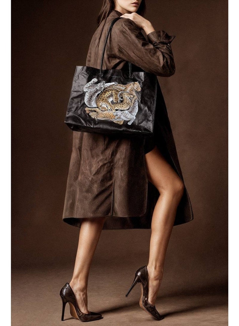 Miroshnikov Women’s Large Shopper Bag for Office & Work, Glossy PU Shoulder Tote, Memory Crinkle Effect, Spacious Lightweight Handbag, No Fastener, 40×31×12 cm - Leopard Print - Image 3
