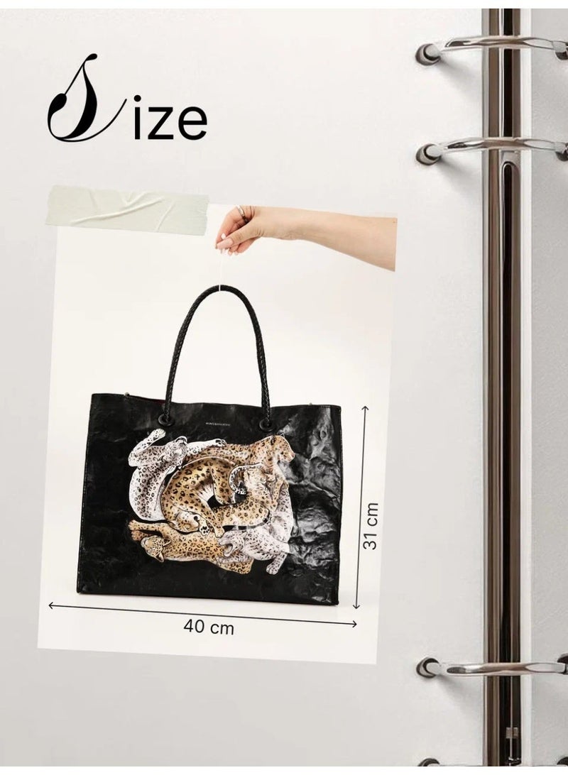 Miroshnikov Women’s Large Shopper Bag for Office & Work, Glossy PU Shoulder Tote, Memory Crinkle Effect, Spacious Lightweight Handbag, No Fastener, 40×31×12 cm - Leopard Print - Image 5