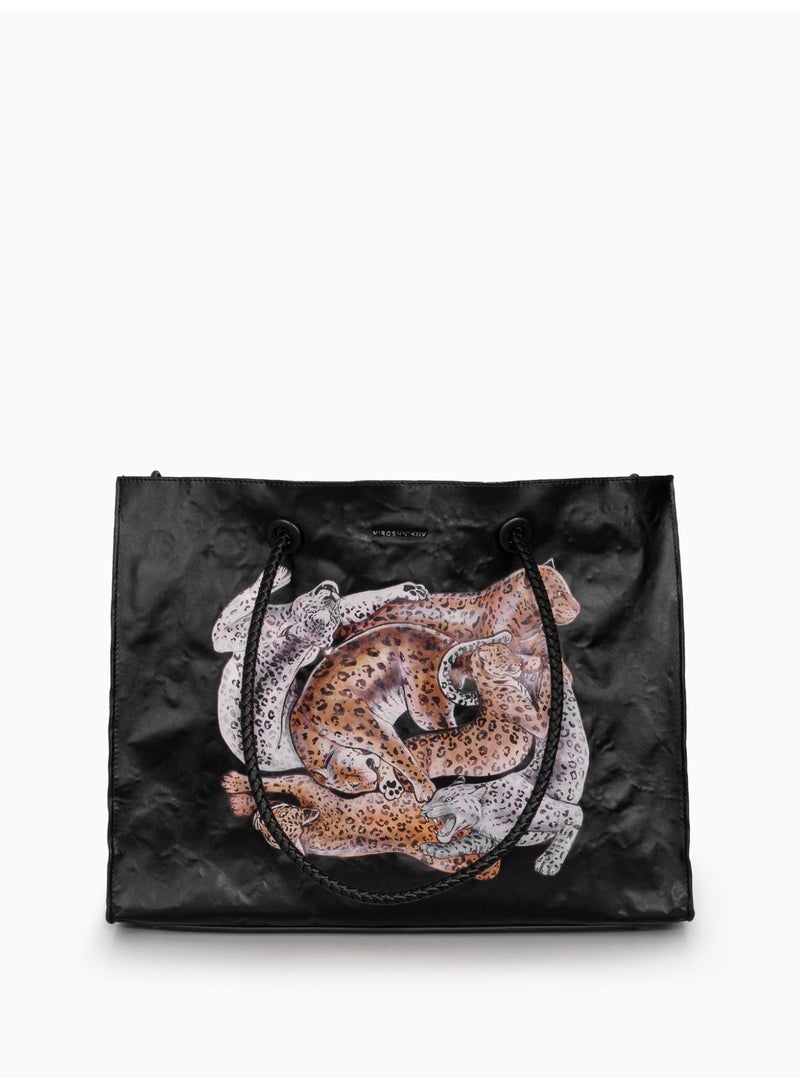 Miroshnikov Women’s Large Shopper Bag for Office & Work, Glossy PU Shoulder Tote, Memory Crinkle Effect, Spacious Lightweight Handbag, No Fastener, 40×31×12 cm - Leopard Print - Image 1