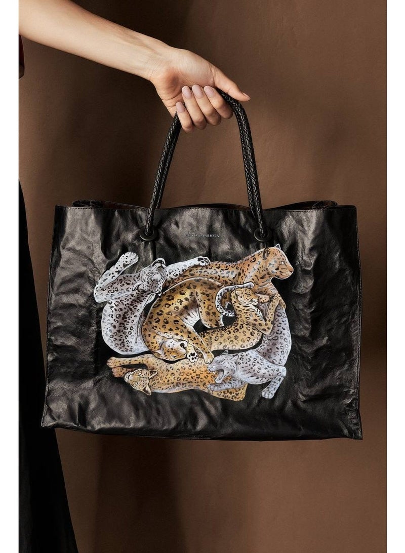 Miroshnikov Women’s Large Shopper Bag for Office & Work, Glossy PU Shoulder Tote, Memory Crinkle Effect, Spacious Lightweight Handbag, No Fastener, 40×31×12 cm - Leopard Print - Image 4