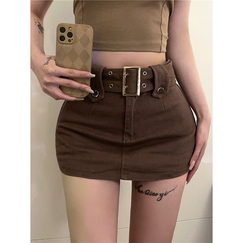 Girl A- Line Denim Skirt Women'S Summer Brown Retro Hip-Wrap Skirt Anti-Slip Skirt High Waist Slim A- Line Short Skirt - Image 4