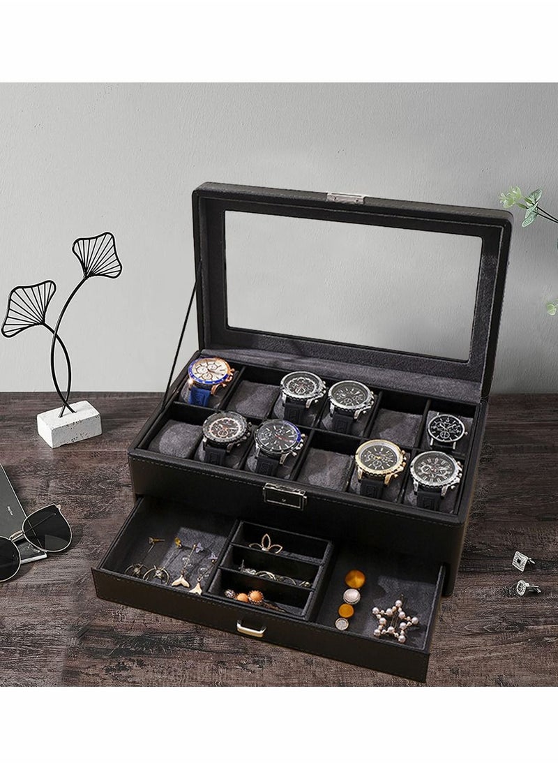 HomarKet - 2-Layer Watch Box 12 Slots PU Leather Case Organizer with Jewelry Drawer for Storage and Display - Image 1