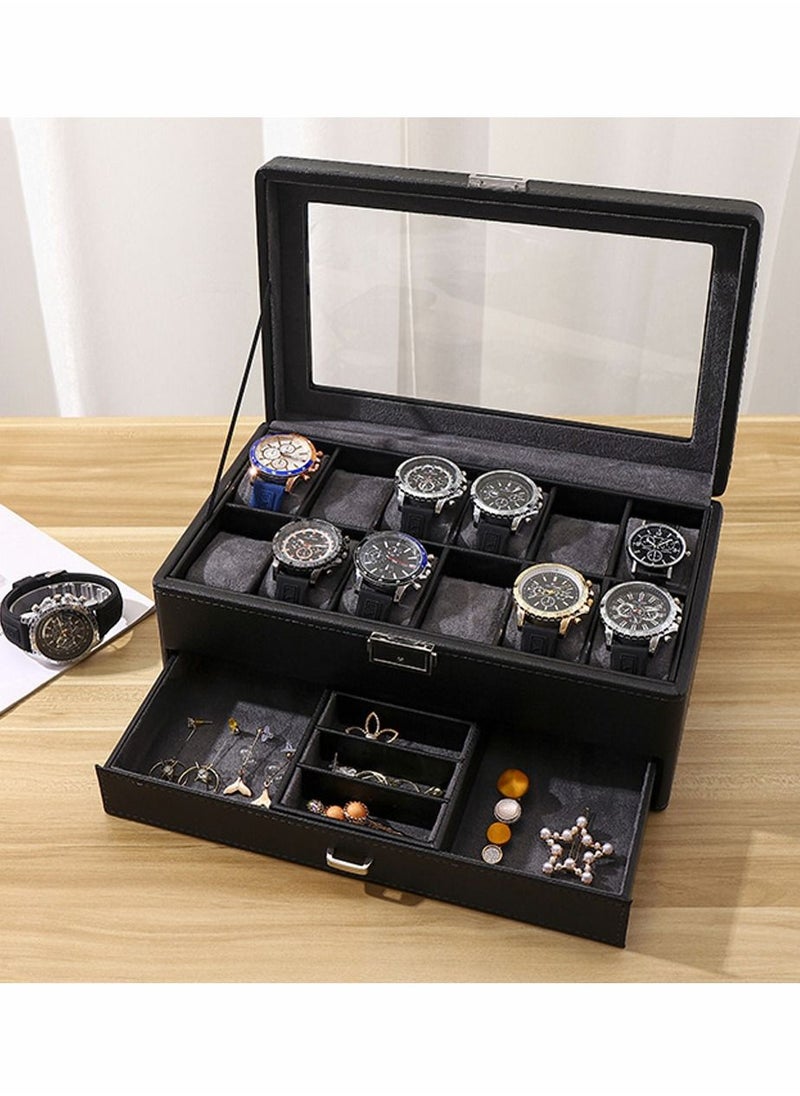HomarKet - 2-Layer Watch Box 12 Slots PU Leather Case Organizer with Jewelry Drawer for Storage and Display - Image 1