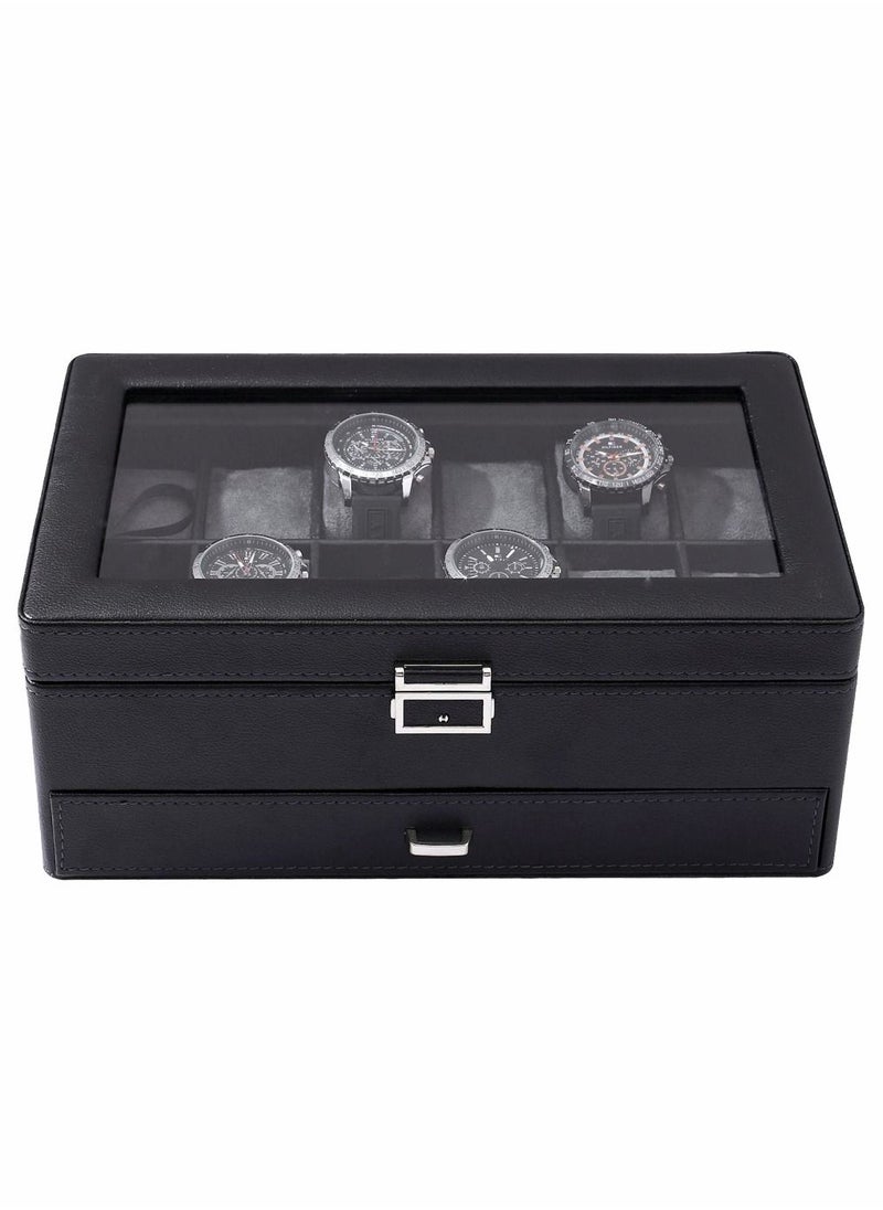 HomarKet - 2-Layer Watch Box 12 Slots PU Leather Case Organizer with Jewelry Drawer for Storage and Display - Image 1