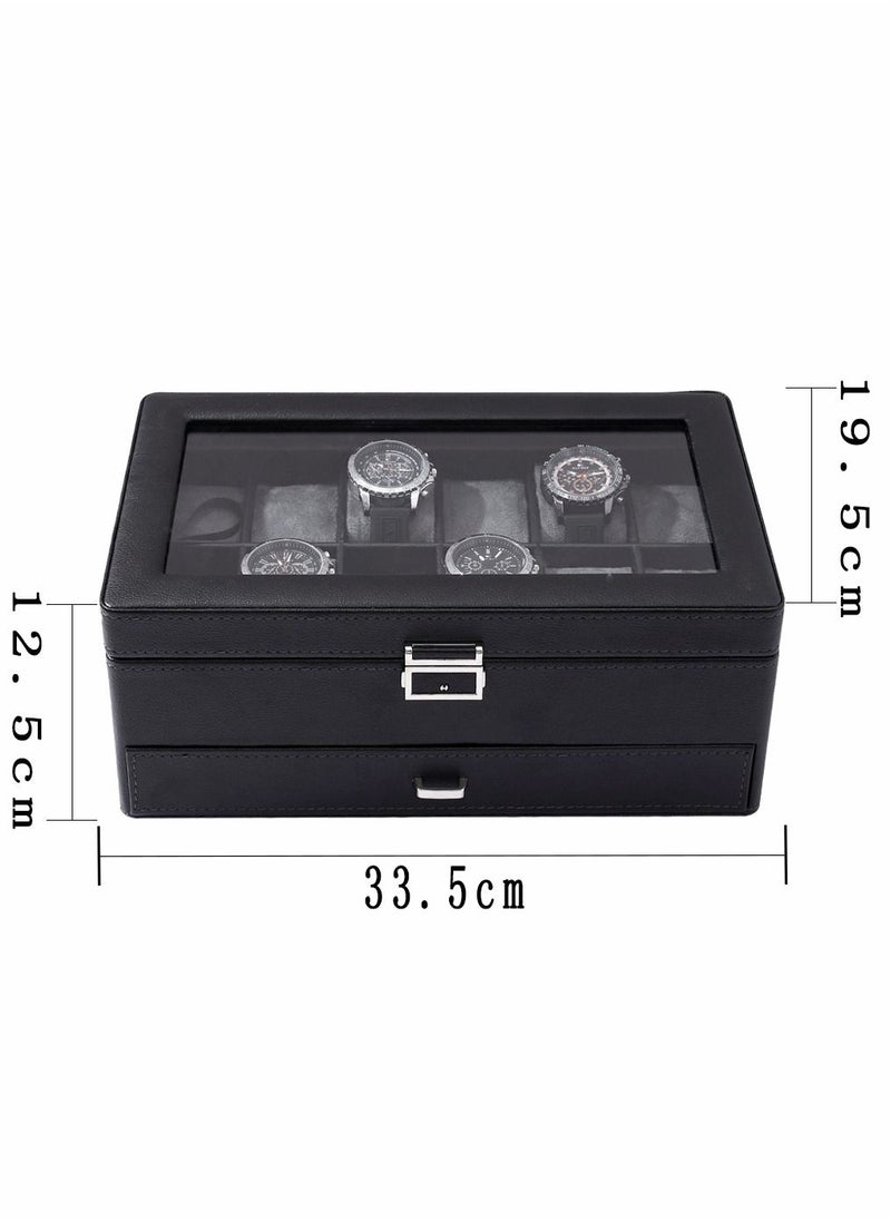 HomarKet - 2-Layer Watch Box 12 Slots PU Leather Case Organizer with Jewelry Drawer for Storage and Display - Image 1