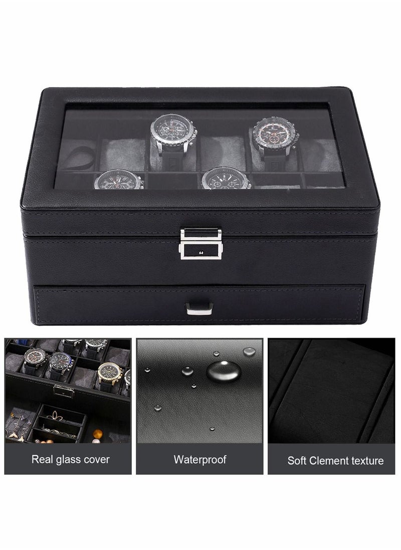 HomarKet - 2-Layer Watch Box 12 Slots PU Leather Case Organizer with Jewelry Drawer for Storage and Display - Image 1