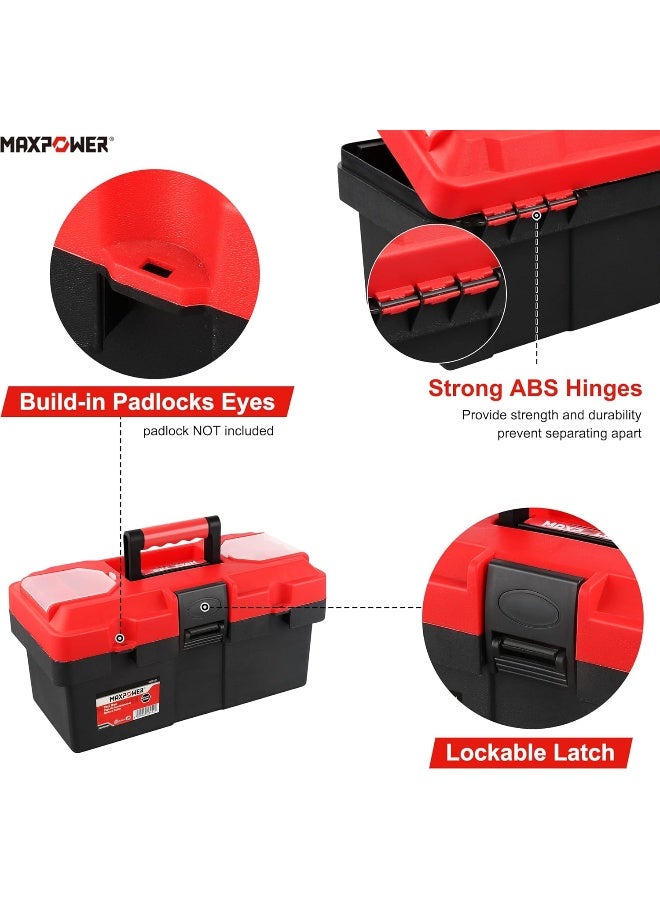MAXPOWER Small Tool Box, 14-inch Plastic Tool Boxes with Handle, Removable Tray with Dual Lock Secured, Red Toolbox for Home - Image 3