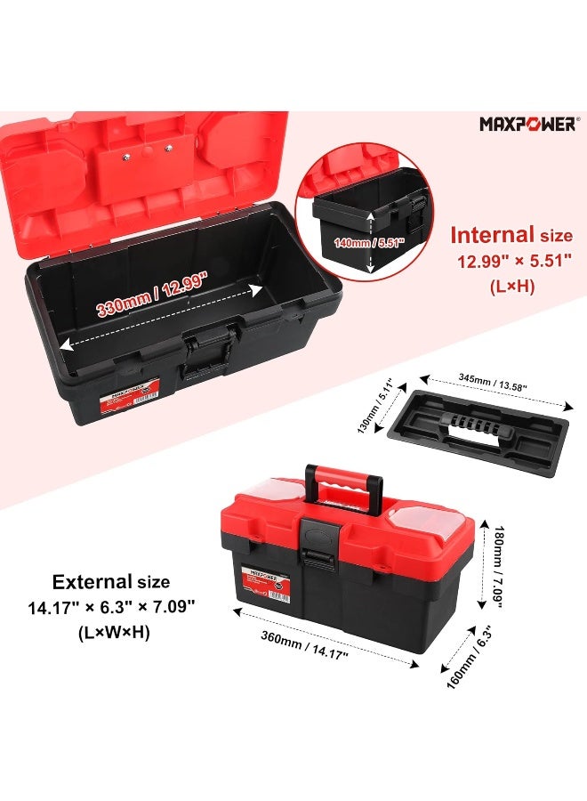 MAXPOWER Small Tool Box, 14-inch Plastic Tool Boxes with Handle, Removable Tray with Dual Lock Secured, Red Toolbox for Home - Image 2