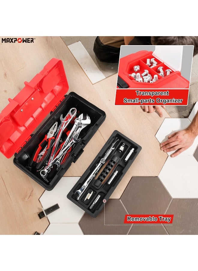 MAXPOWER Small Tool Box, 14-inch Plastic Tool Boxes with Handle, Removable Tray with Dual Lock Secured, Red Toolbox for Home - Image 4