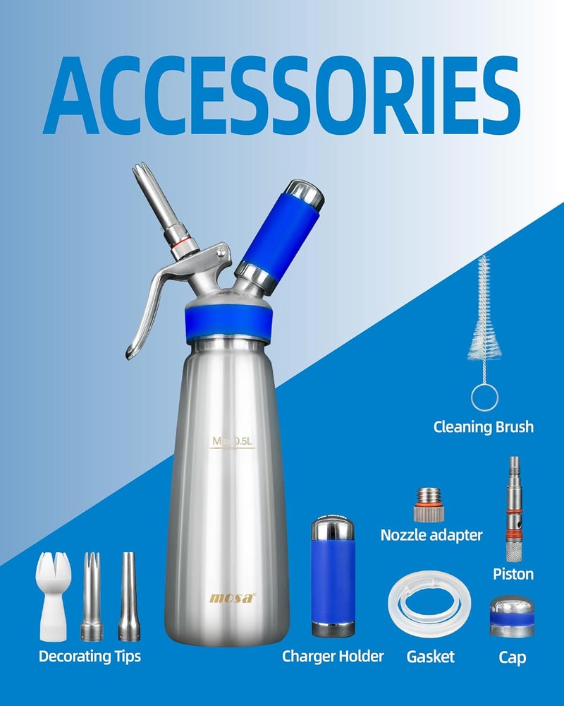 Mosa Professional Stainless Steel Whipped Cream Dispenser, Durable 18/8 Steel, Silver Finish (500ML/ 1 Pint) - Image 2