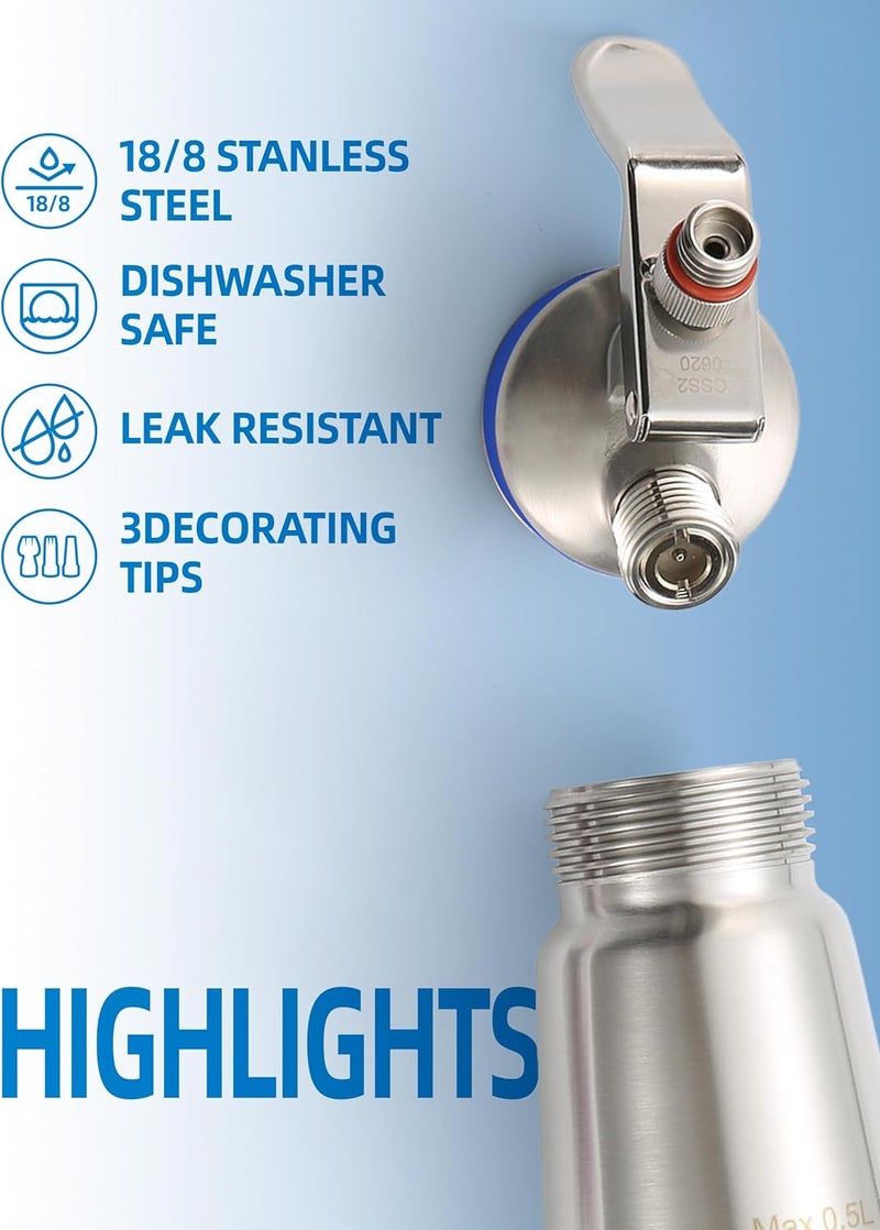 Mosa Professional Stainless Steel Whipped Cream Dispenser, Durable 18/8 Steel, Silver Finish (500ML/ 1 Pint) - Image 3