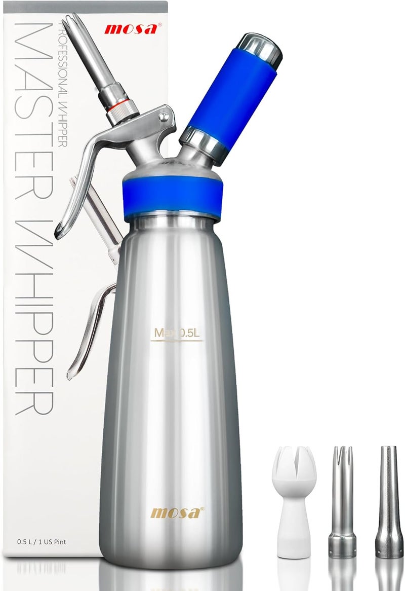 Mosa Professional Stainless Steel Whipped Cream Dispenser, Durable 18/8 Steel, Silver Finish (500ML/ 1 Pint) - Image 1