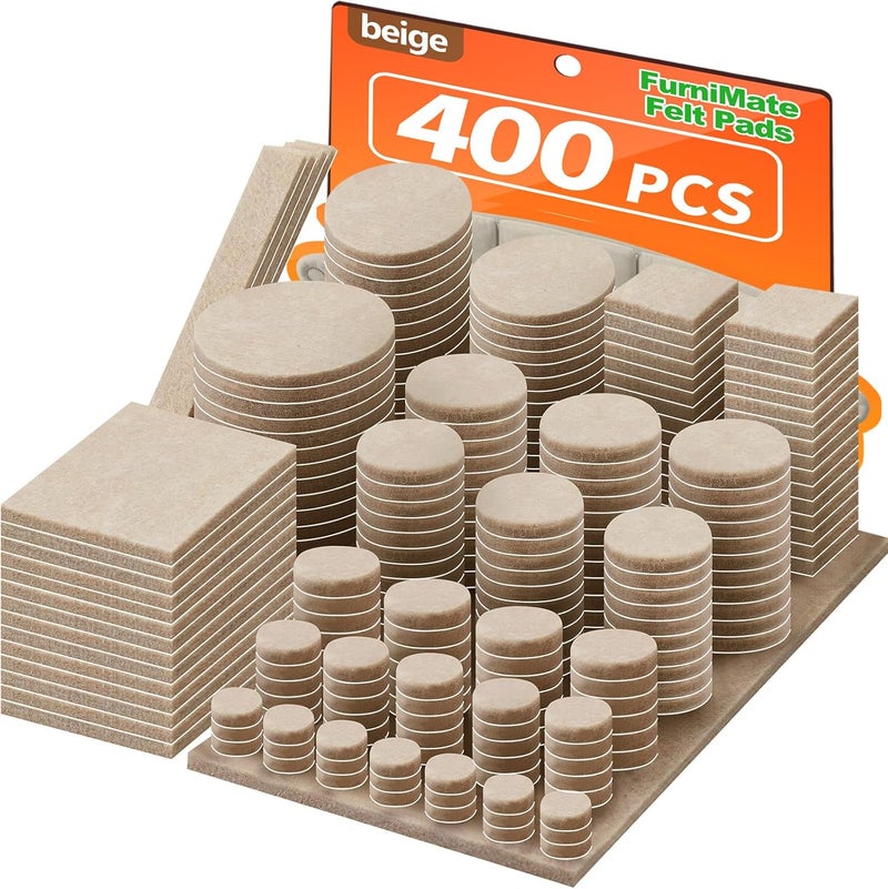 FURNIMATE Felt Furniture Pads 400 Pieces, Furniture Pads for Hardwood Floors, Floor Protectors for Furniture Legs, Felt Pads for Furniture, Many Large Sizes Beige - Image 1
