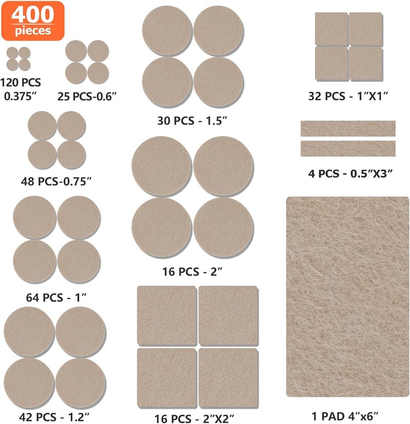 FURNIMATE Felt Furniture Pads 400 Pieces, Furniture Pads for Hardwood Floors, Floor Protectors for Furniture Legs, Felt Pads for Furniture, Many Large Sizes Beige - Image 3