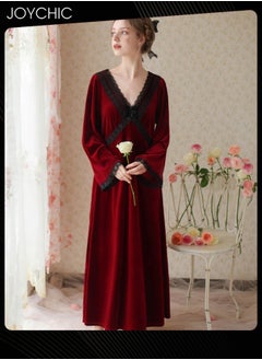 French Style Autumn and Winter Gold Velvet Fairy Sleepwear Thick Warm Pajamas Loose Bell Sleeves Nightgown for Women Wine Red
