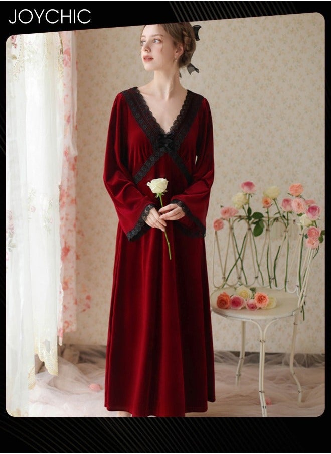 NIBEMINENT - French Style Autumn and Winter Gold Velvet Fairy Sleepwear Thick Warm Pajamas Loose Bell Sleeves Nightgown for Women Wine Red - Image 1