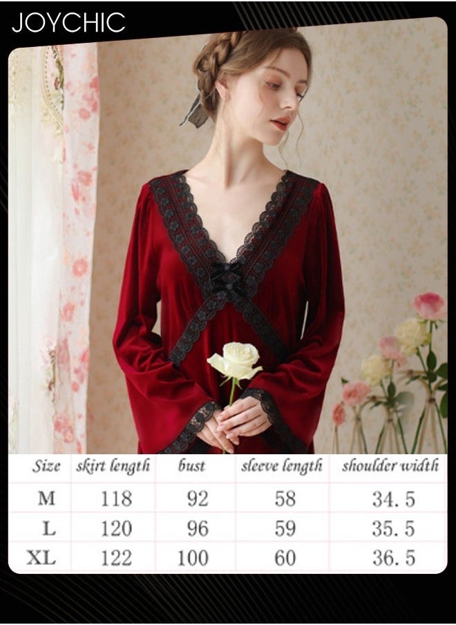 NIBEMINENT - French Style Autumn and Winter Gold Velvet Fairy Sleepwear Thick Warm Pajamas Loose Bell Sleeves Nightgown for Women Wine Red - Image 1