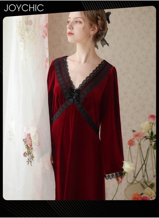 NIBEMINENT - French Style Autumn and Winter Gold Velvet Fairy Sleepwear Thick Warm Pajamas Loose Bell Sleeves Nightgown for Women Wine Red - Image 1
