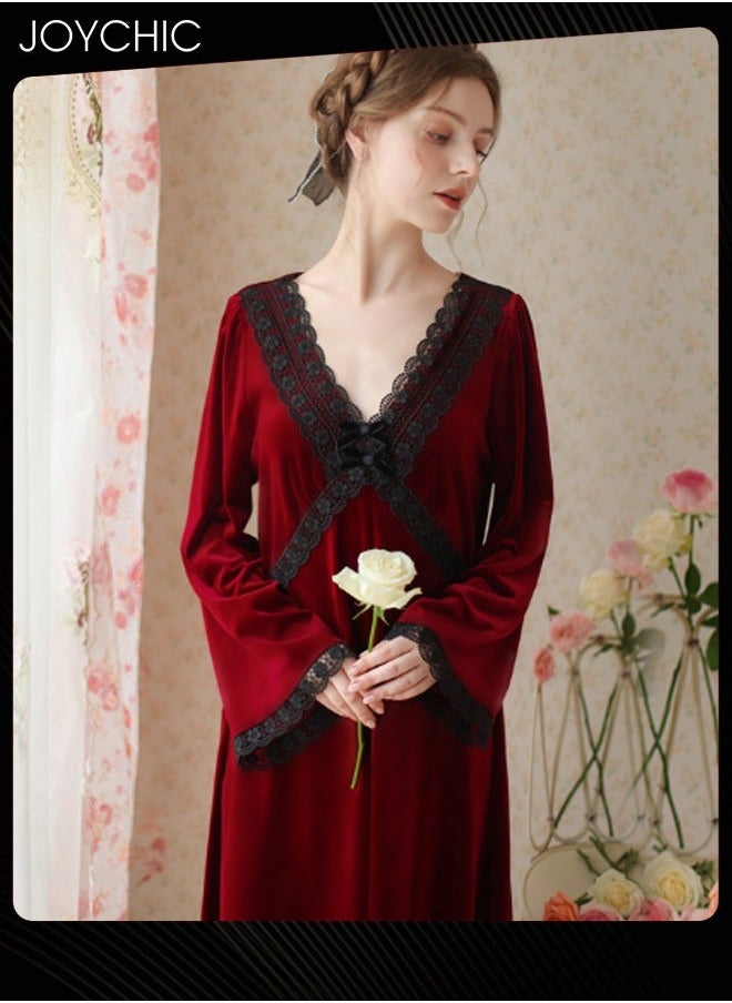 NIBEMINENT - French Style Autumn and Winter Gold Velvet Fairy Sleepwear Thick Warm Pajamas Loose Bell Sleeves Nightgown for Women Wine Red - Image 1