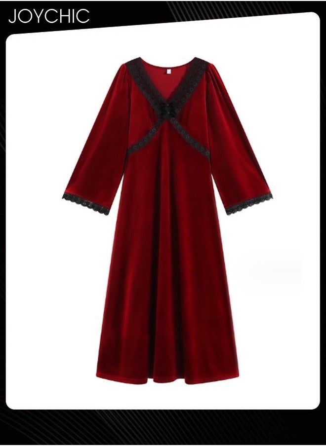 NIBEMINENT - French Style Autumn and Winter Gold Velvet Fairy Sleepwear Thick Warm Pajamas Loose Bell Sleeves Nightgown for Women Wine Red - Image 1