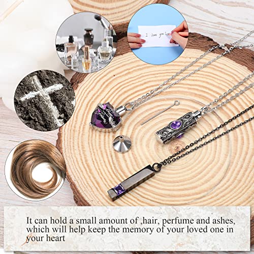 Mtlee 3 Pieces Cremation Urn Necklace for Ashes Vertical Bar Zircon, Heart Crystal Necklace Urn Stainless Steel Waterproof Memorial Pendant(Purple Zircon) - Image 5
