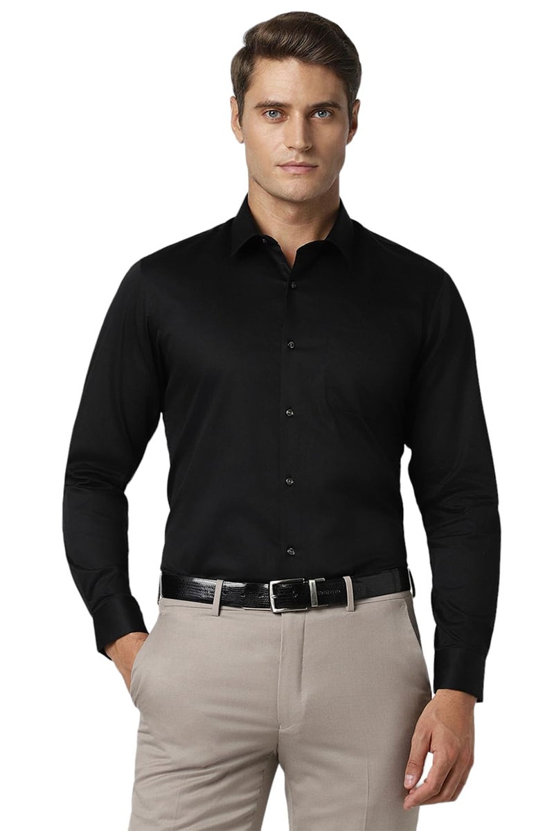 Peter England Men's Satin Solid Regular Fit Full Sleeve Shirt Cotton with Satin Sheen | Luxury Black - Image 1